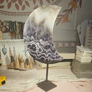 Handcrafted Amethyst Moon Sculpture on Stand - Purple and White